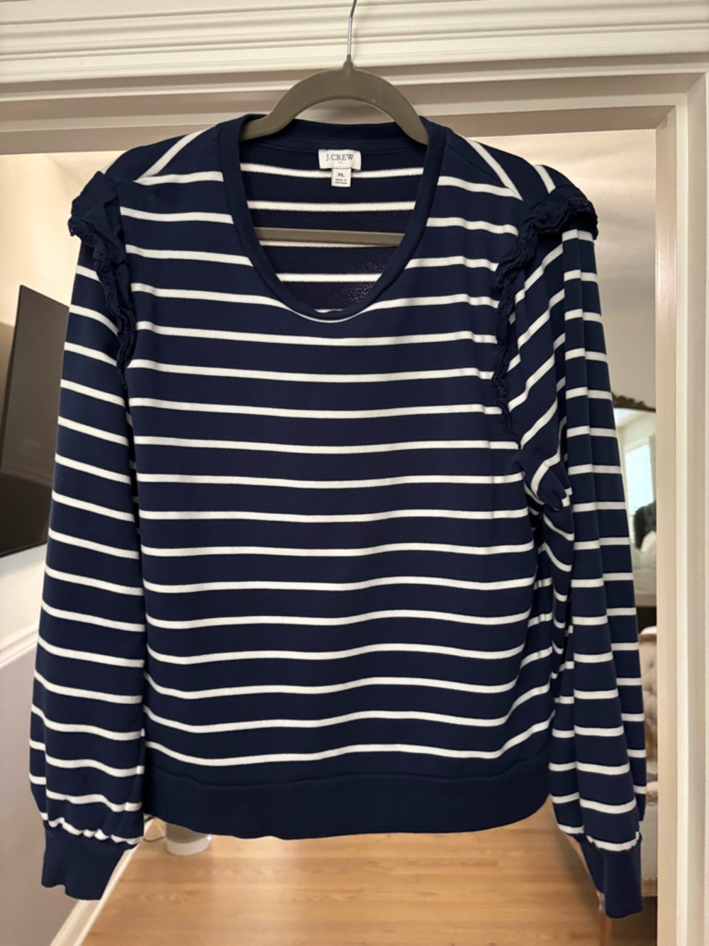 J. Crew Navy & White Striped Ruffle-Shoulder Sweatshirt, XL